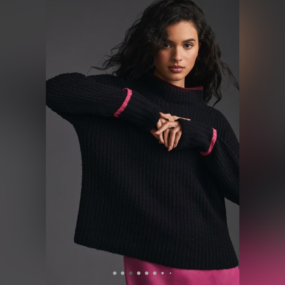 Anthropologie Maeve Mock Neck Ribbed Sweater Black Pink Trim Cozy Knit Small